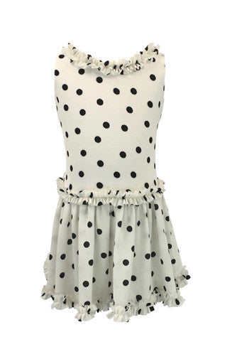 Helena and Harry Girl's White with Black Dots and Ruffles Dress