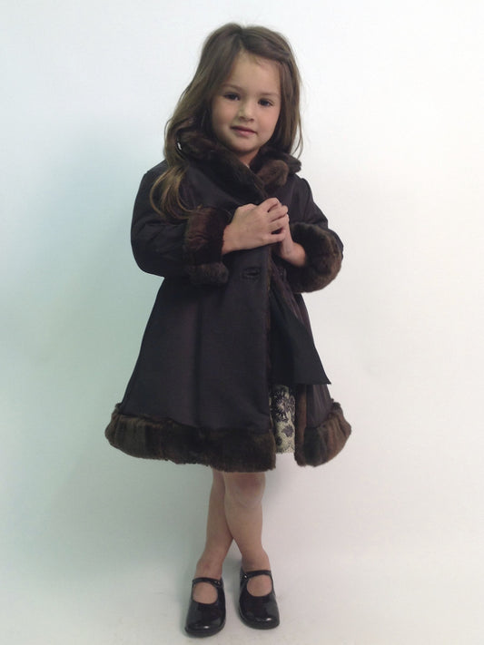 Helena and Harry Girl's Black and Brown Reversible Faux Fur Lined Trench Coat