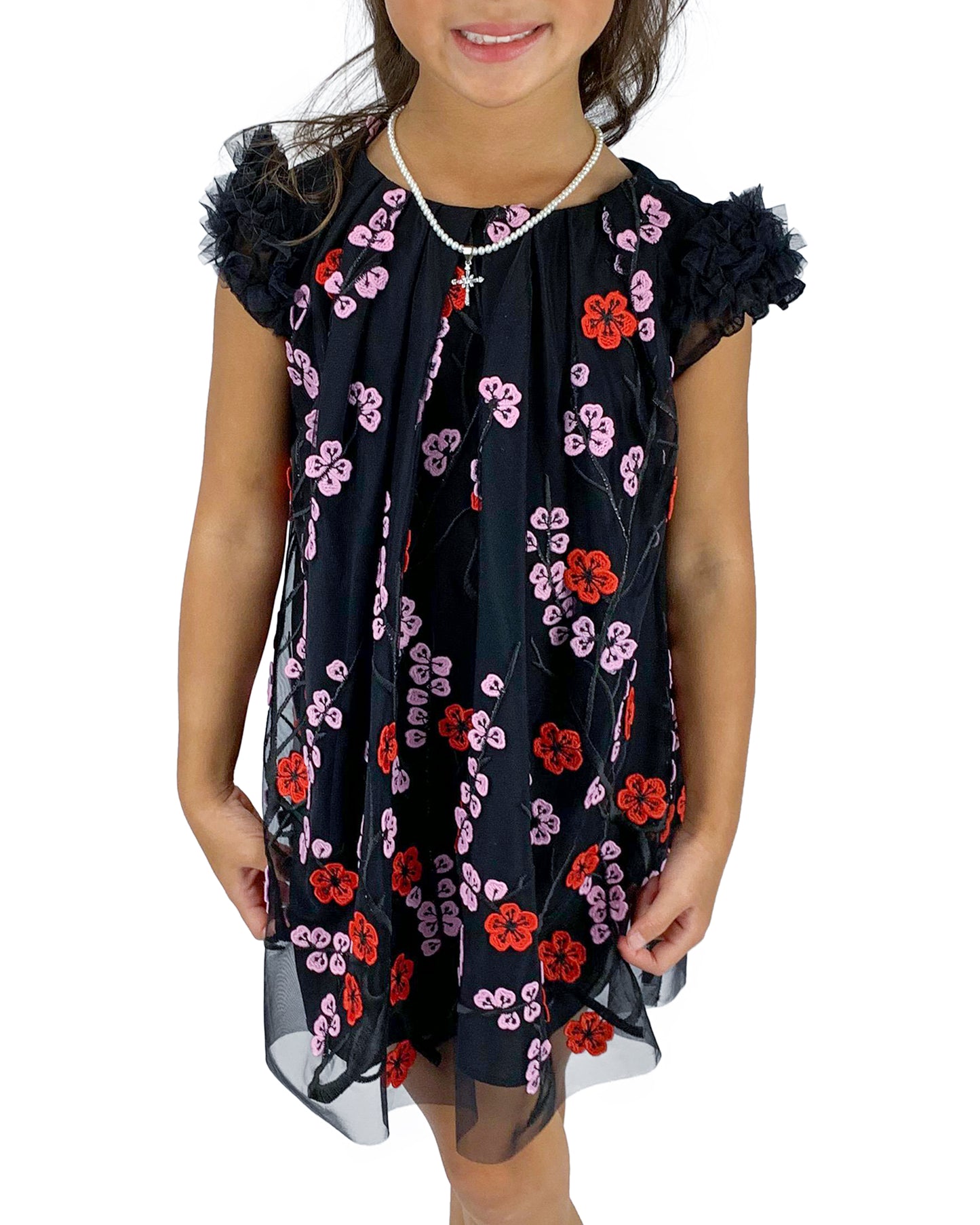 Helena and Harry Girl's Black/ Red/ Pink Embroidered Floral Tuelle Dress