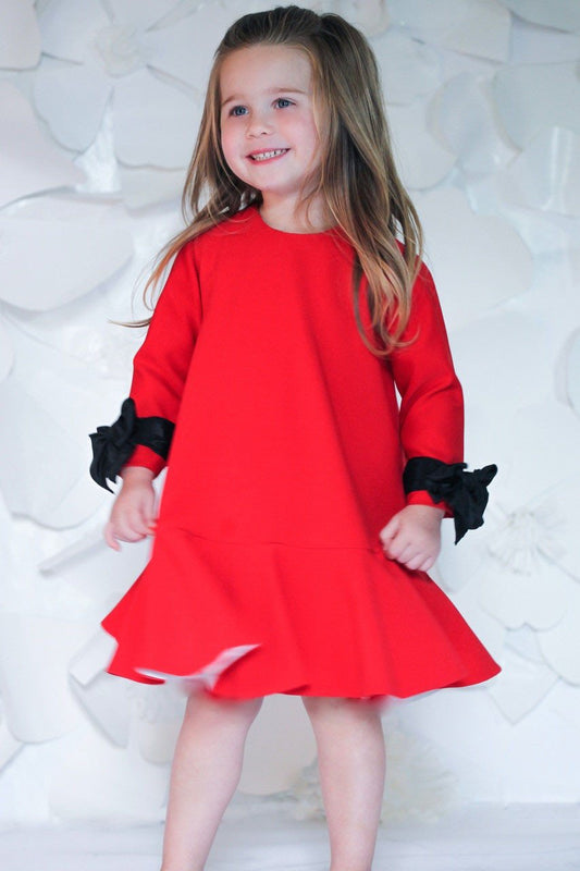 Helena and Harry Girl's Red Long Sleeve with Wrist Bows Dress