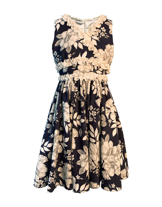 Helena and Harry Girl's Navy and White Floral Print Dress with White Ruffles