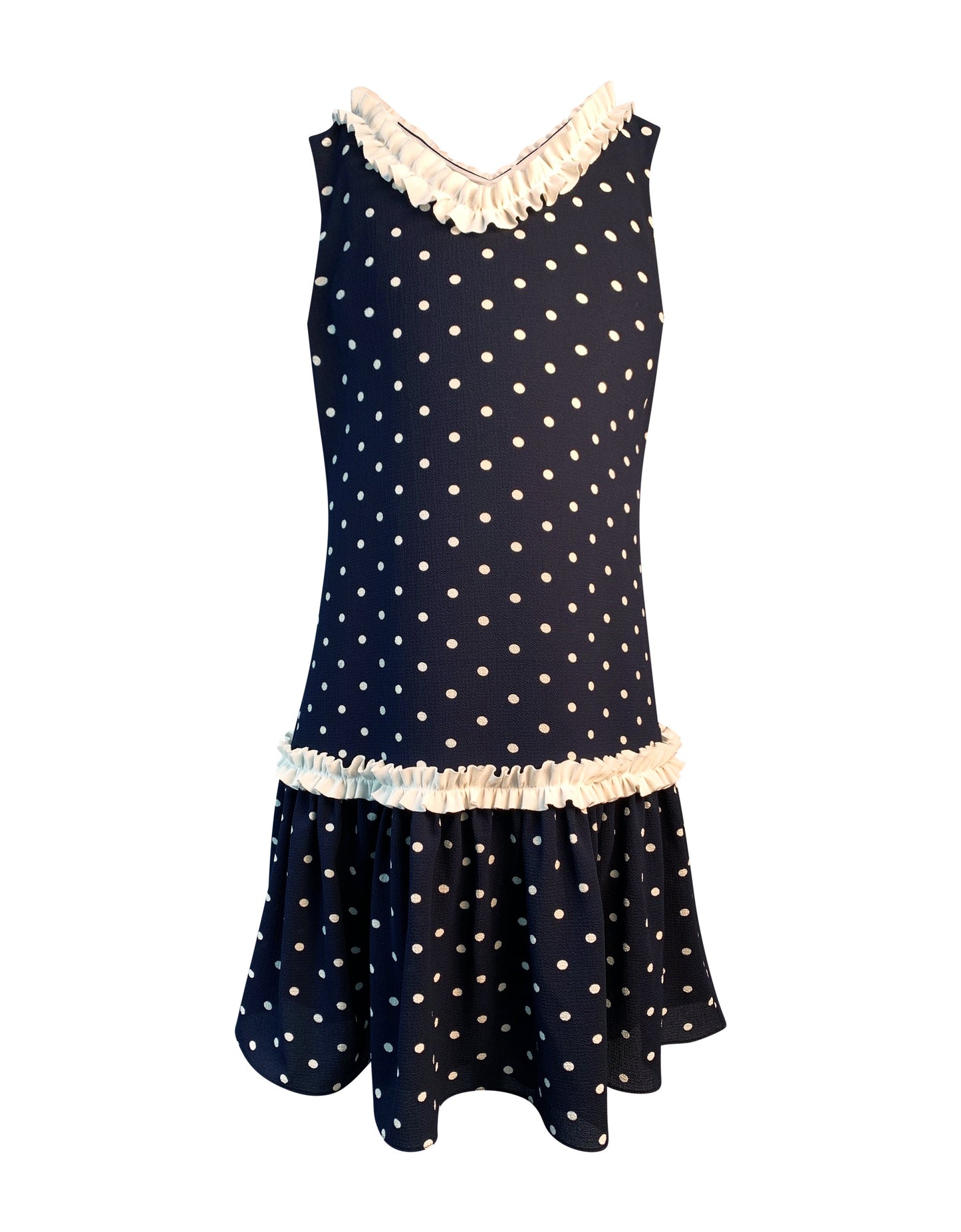 Helena and Harry Girl's Navy with White Dots and Ruffles Dress