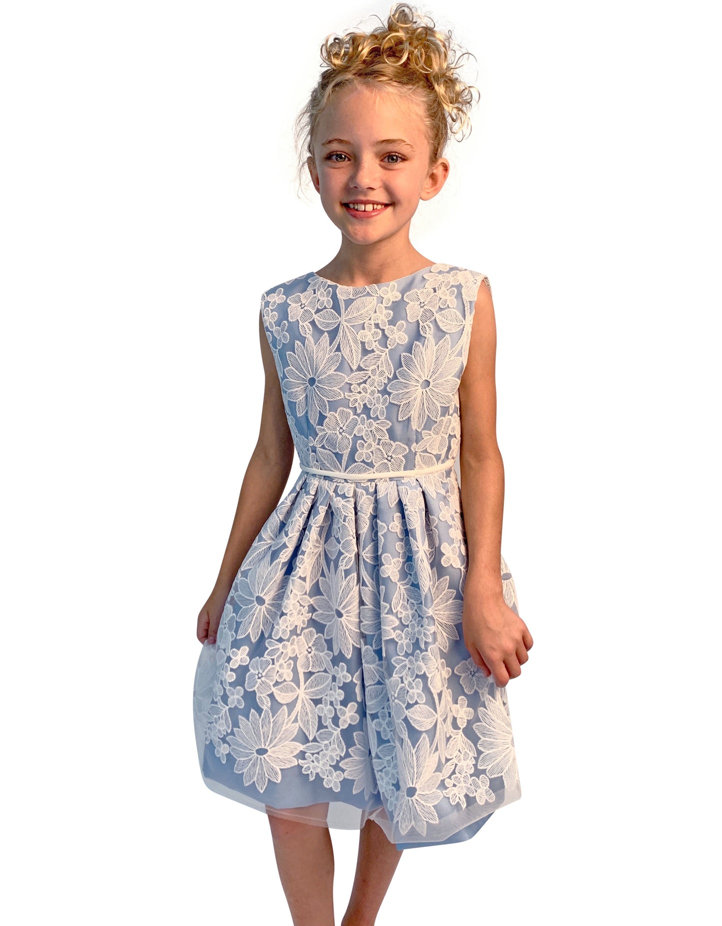 Helena and Harry Girl's Blue with Ivory Lace Dress