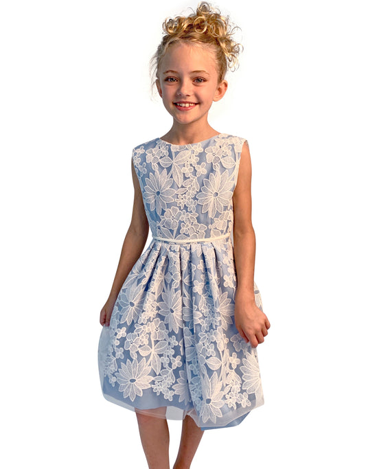 Helena and Harry Girl's Blue with Ivory Lace Dress