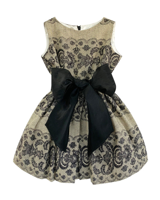 Helena and Harry Girl's Camel Colored Cotton with Black Lace Print Dress