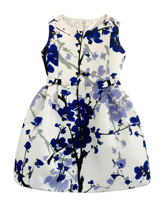 Helena and Harry Girl's Blue and Black Floral Satin Pique Print Dress