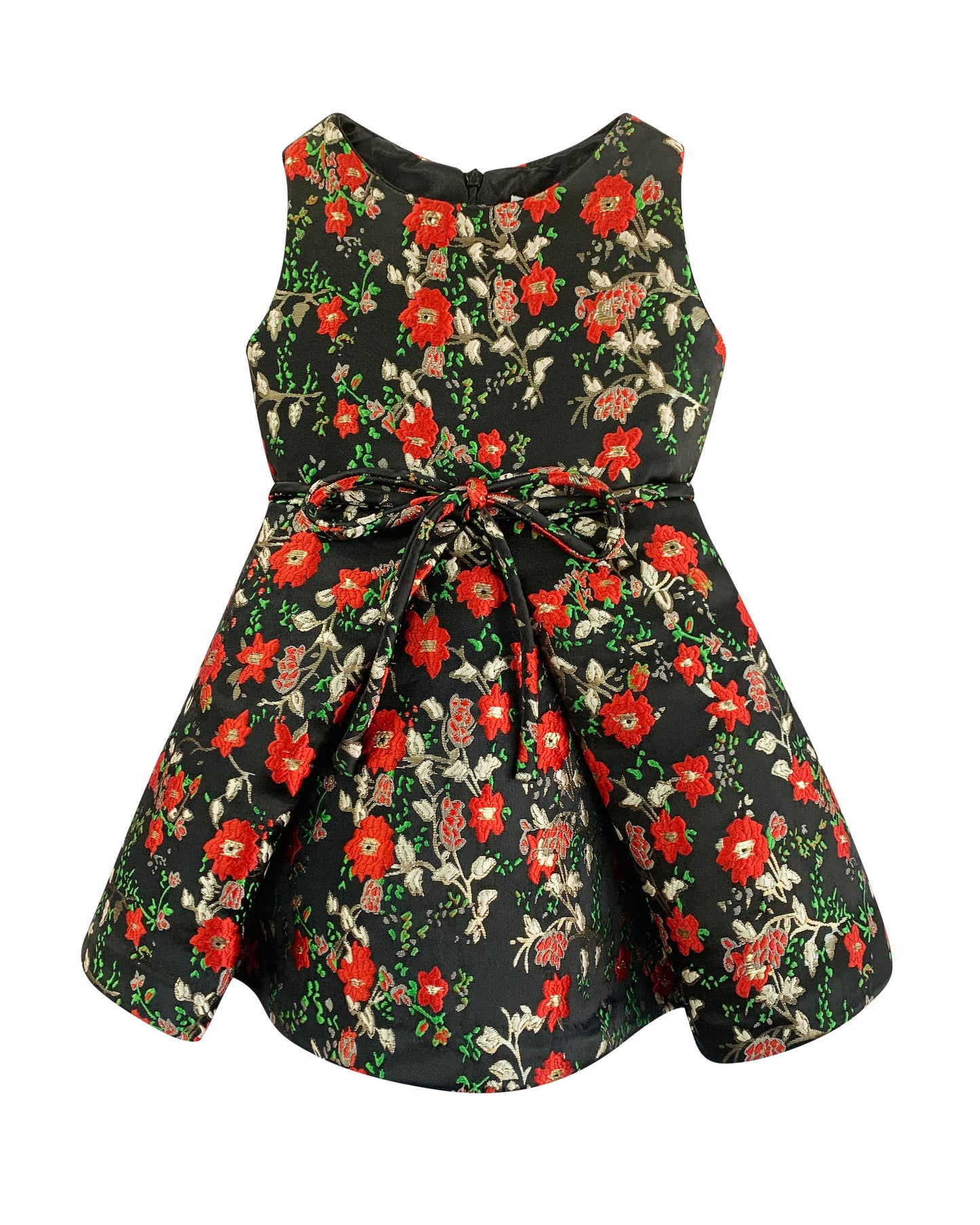 Helena and Harry Girl's Red and Green Floral on Black Jacquard Dress