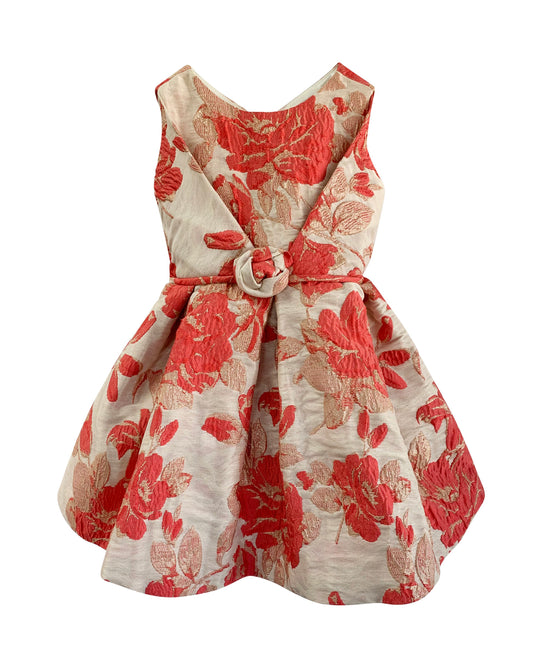 Helena and Harry Girl's Coral and Ivory Floral Jacquard Dress
