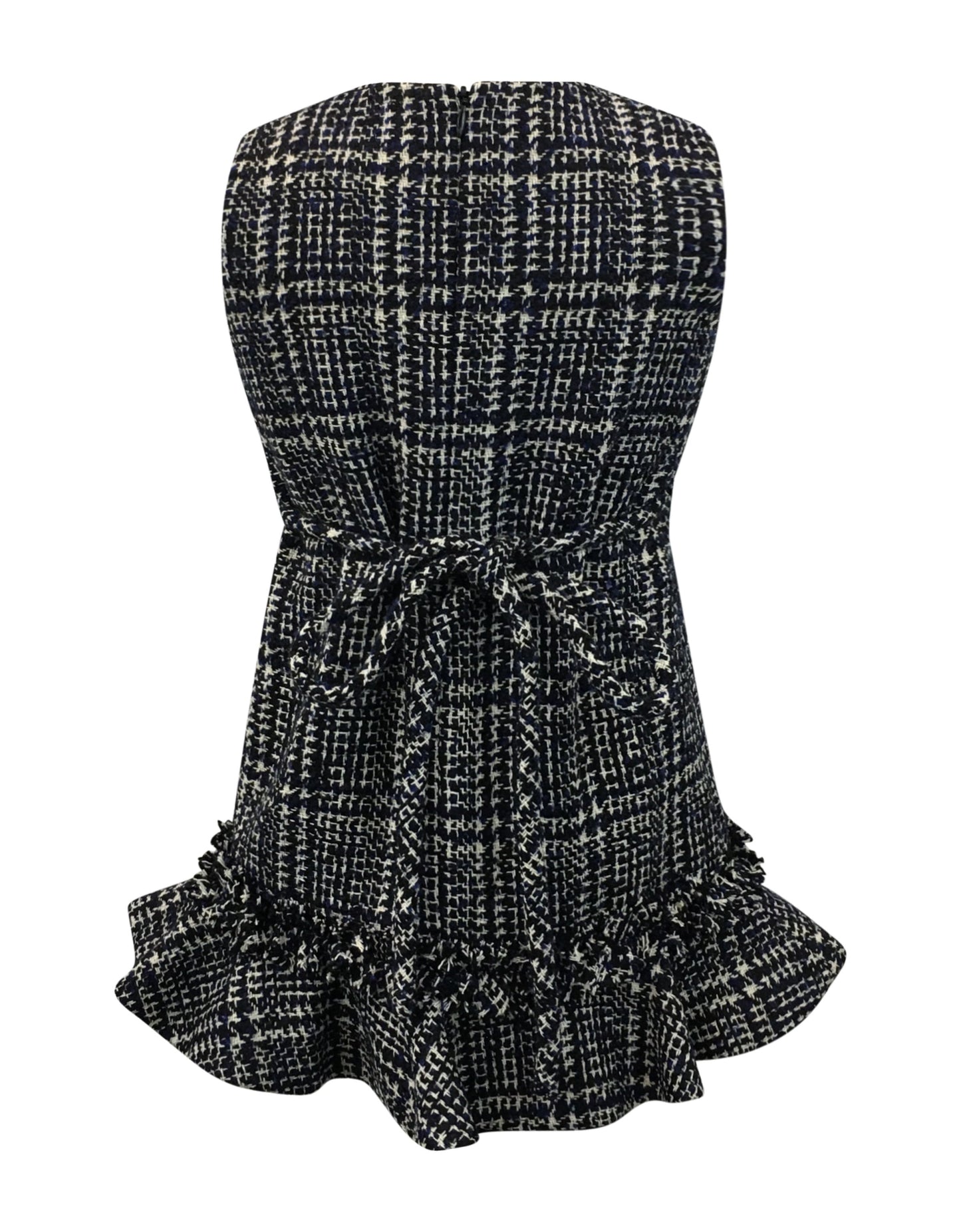 Helena and Harry Girl's Navy and Ivory Plaid Tweed Dress with Ruffles