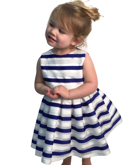 Helena and Harry Girl's Royal and White Horizontal Striped Organza Dress