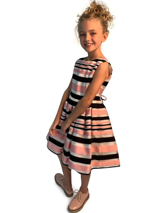 Helena and Harry Girl's Pink and Black Satin Striped Organza Dress